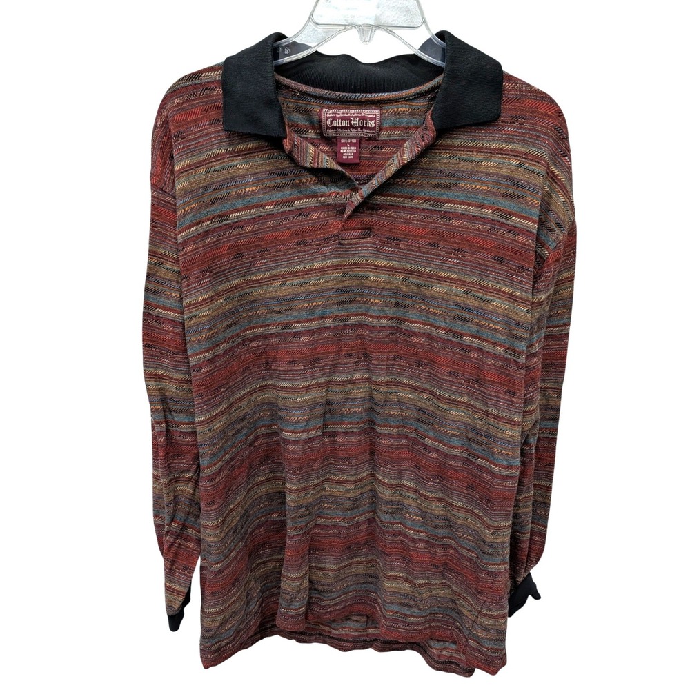 Vintage Cotton Works Men's Long Sleeve Polo Shirt Multi Color Stripe Woven- L
